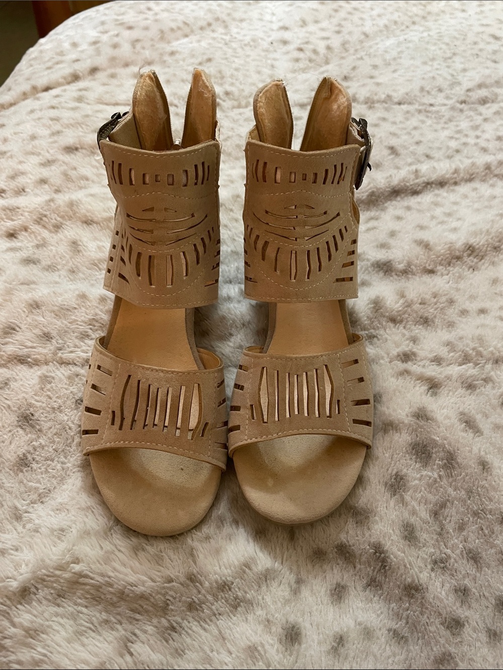 Women’s Tan Laser-Cut Block Heel Sandals